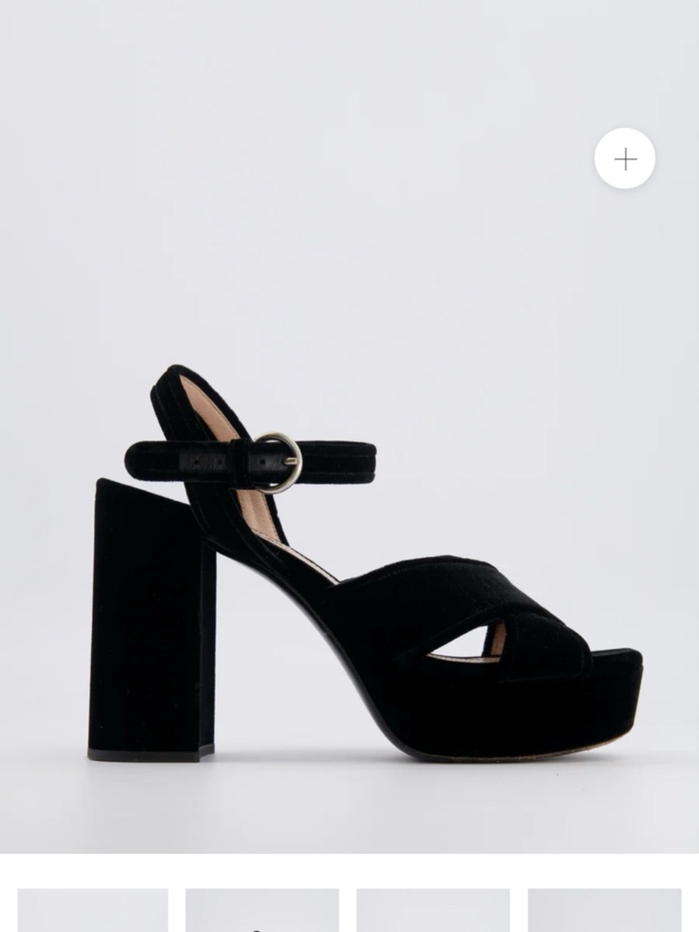 Miu Miu Black Velvet Platform Block Heel Sandals with Ankle Strap